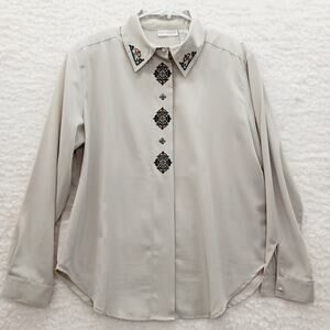 Blouse Size 14 Beige Embroidery Collar Soft Girl Romantic Officewear Cottagecore